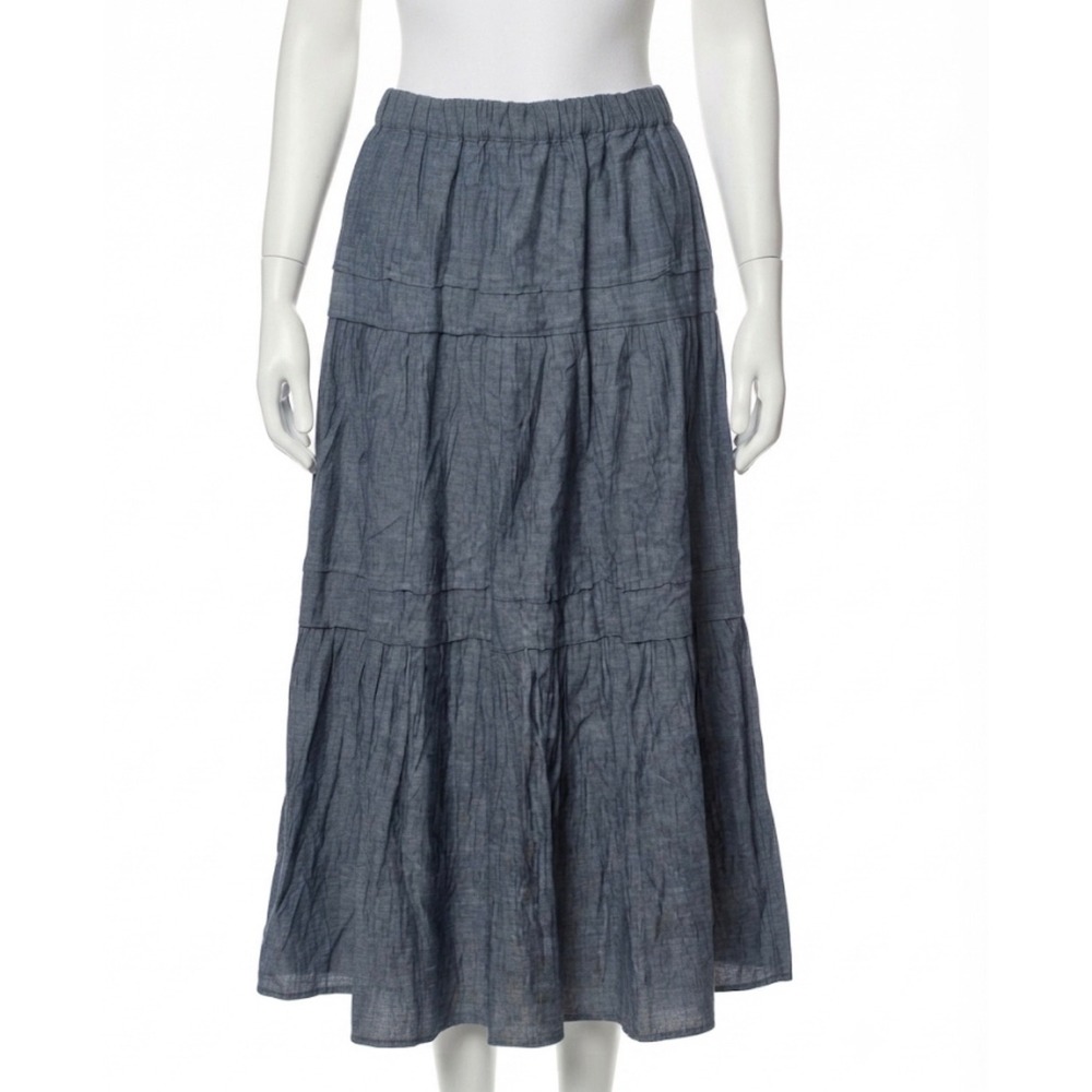 Women's Tiered Chambray Midi Skirt Elastic Waist Casual Blue Cotton Blend L